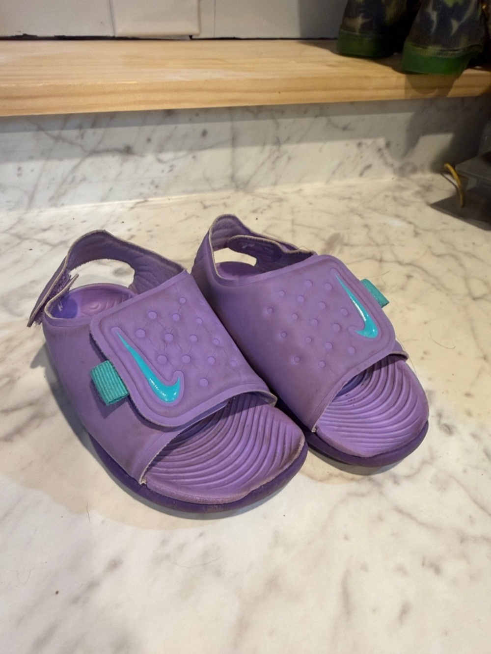 Nike Purple Kids Slide Sandals with Teal Swoosh